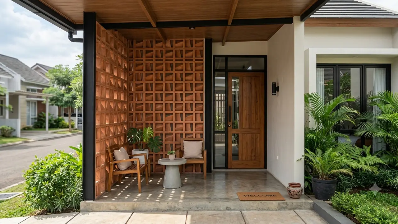 Model Teras Rumah dengan Roster Vertikal untuk Privasi Maksimal. AI Generated