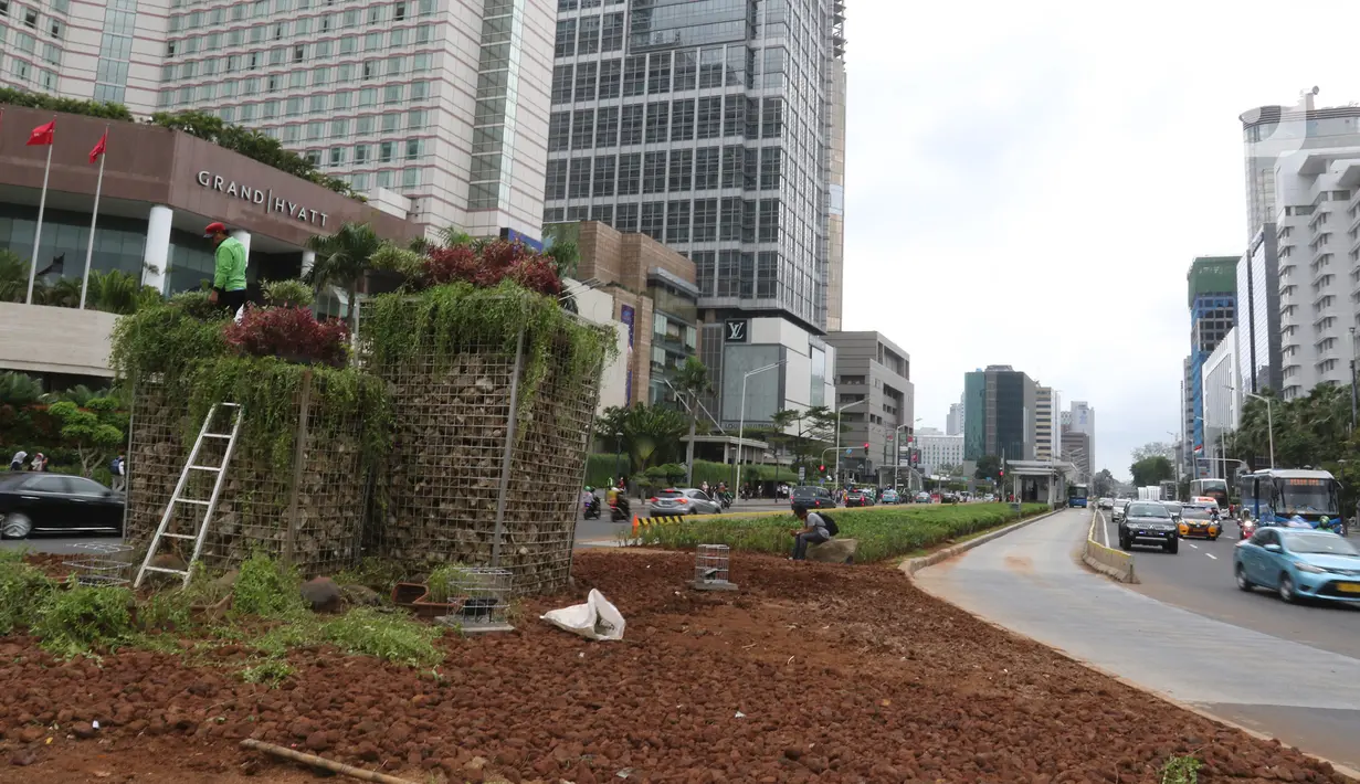 Petugas merapikan tanaman di dekat instalasi batu gabion yang kembali dipasang di kawasan Bundaran HI, Jakarta, Sabtu (4/1/2020). Instalasi gabion di lokasi yang sama tersebut sempat dibongkar sementara untuk dijadikan panggung saat perayaan malam tahun baru. (Liputan6.com/Herman Zakharia)