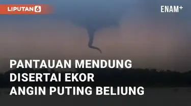 Cuaca mendung disertai ekor angin puting beliung terpantau dari area Waduk Cipancuh, Indramayu. Penampakan tersebut terjadi pada Rabu (6/3/2024) sore hari