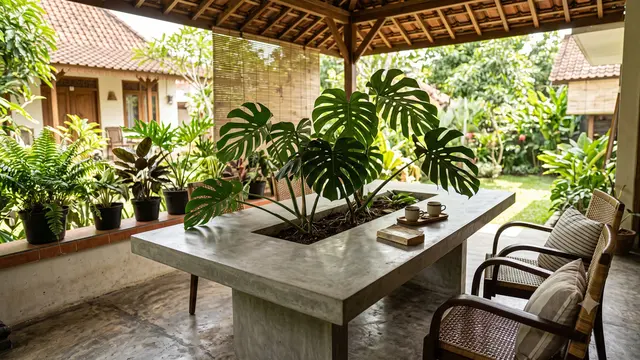 Ide Teras Rumah dengan Meja Semen dan Tanaman Monstera