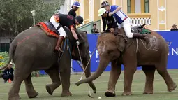 Dua pemain belakang berusaha merebut bola menggunakan tongkat saat mengikuti turnamen Polo Piala Raja Gajah di Bangkok, Thailand (9/3). Dalam turnamen ini setiap gajah ditunggangi oleh dua pemain.  (AP Photo / Sakchai Lalit)