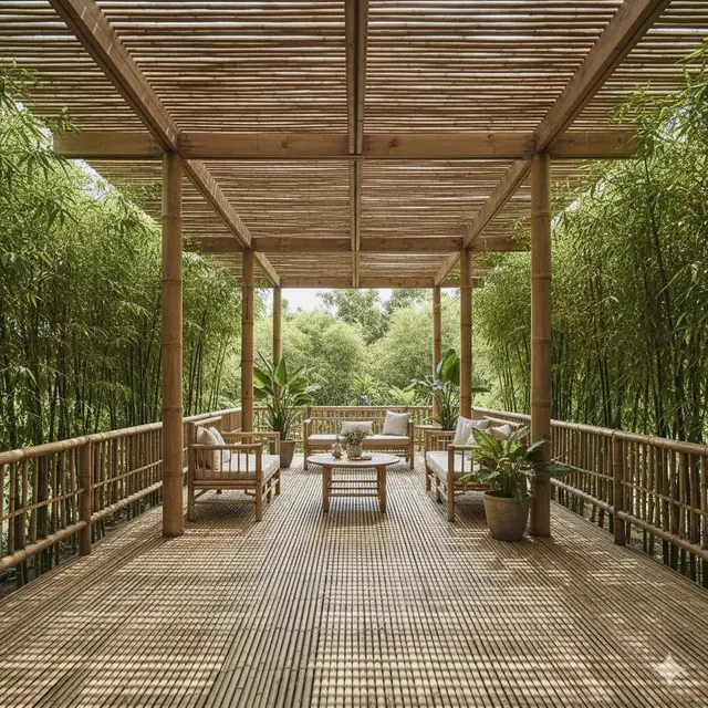 Teras Bambu Tropis Lebar dengan Pagar Tanaman Bambu
