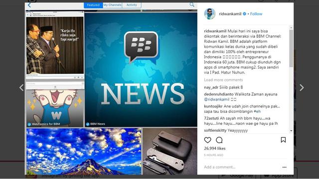 Ridwan Kamil kini memanfaatkan BBM Channel sebagai media untuk berinteraksi dengan warga dan para pendukungnya.