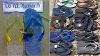 Potret sandal jepit dipasang gembok anti maling. (Sumber: 1cak.com / TikTok/@papaluckyy)