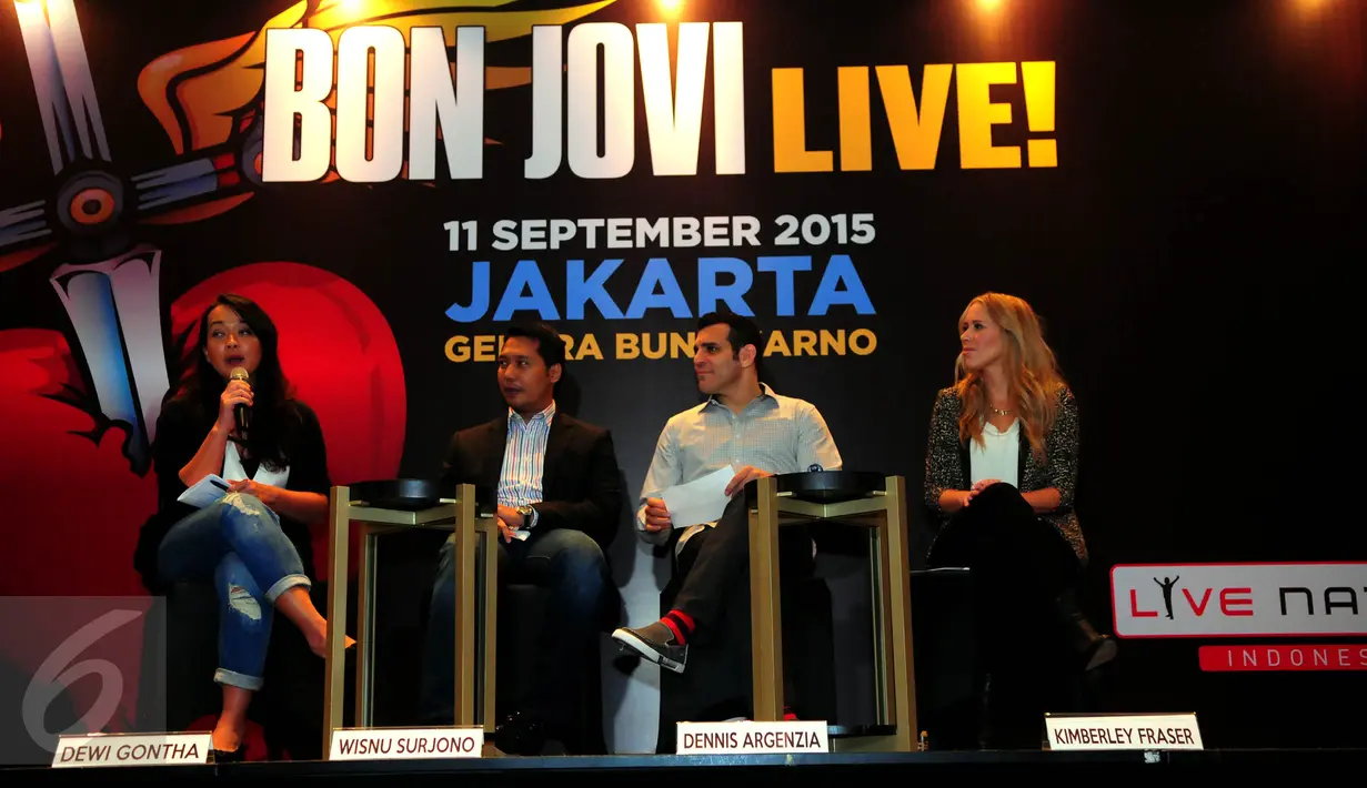 Promotor LiveNation menggelar konferensi pers di kawasan Senayan, Jakarta, Kamis (18/6/2015). Dalam preskon tersebut, Bon Jovi dipastikan akan menghibur fansnya di Indonesia pada 11 September 2015. (Liputan6.com/Faisal R Syam)