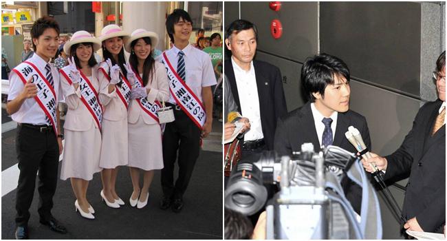 Kiri: Kei Komuro (paling kiri, pada tahun 2010). Kanan: Kei Komuro saat diserbu wartawan terkait kabarnya bertunangan dengan Putri Mako. | Foto: copyright dramafever.com