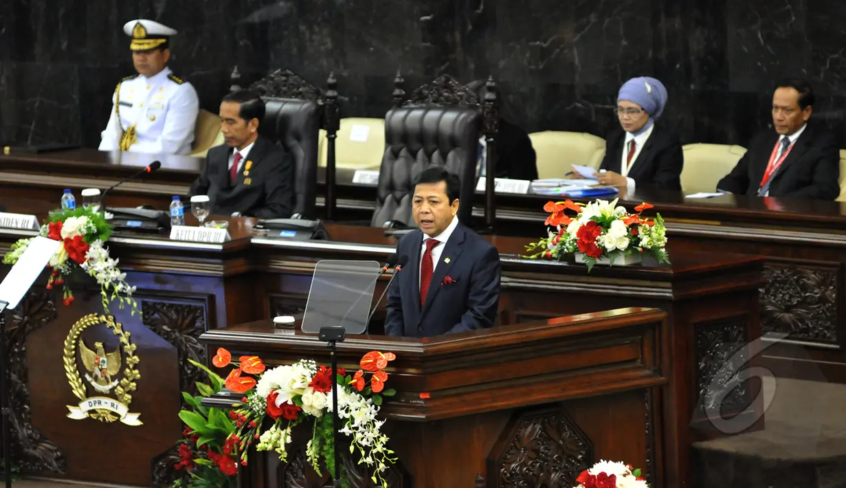 Ketua DPR RI Setya Novanto berpidato saat Konferensi Parlemen Asia Afrika di Gedung Nusantara, Jakarta, Kamis (23/4/2015). KPAA bertema Penguatan Peran Parlemen Selatan-Selatan untuk Kemakmuran dan Perdamaian Dunia. (Liputan6.com/Andrian M Tunay) 