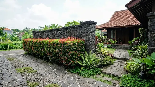 Kombinasi Batu Alam dan Tanaman Perdu untuk Halaman Depan Minim Debu/AI Generated