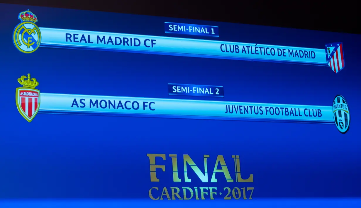 Sebuah layar menunjukkan hasil undian Semi Final Piala Champion, dimana Real Madrid bertanding melawan Atletico Madrid dan AS Monaco melawan Juventus di Nyon, Swiss, (21/4). (Jean-Christophe Bott / Keystone via AP)