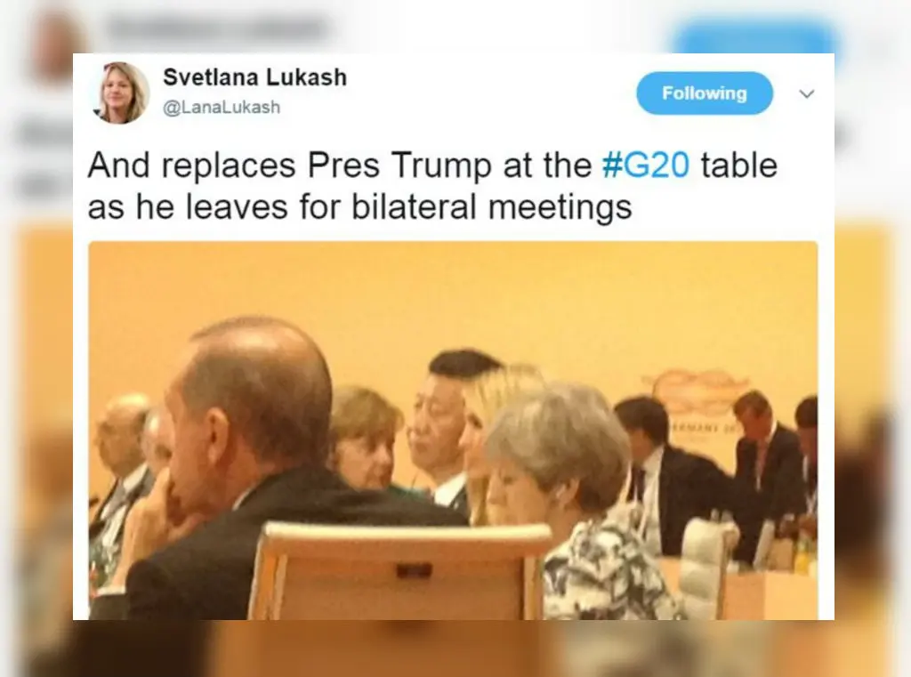 Ivanka Trump mengisi kursi kosong yang ditinggalkan ayahnya dalam sesi KTT G20 (Twitter/@LanaLukash) 