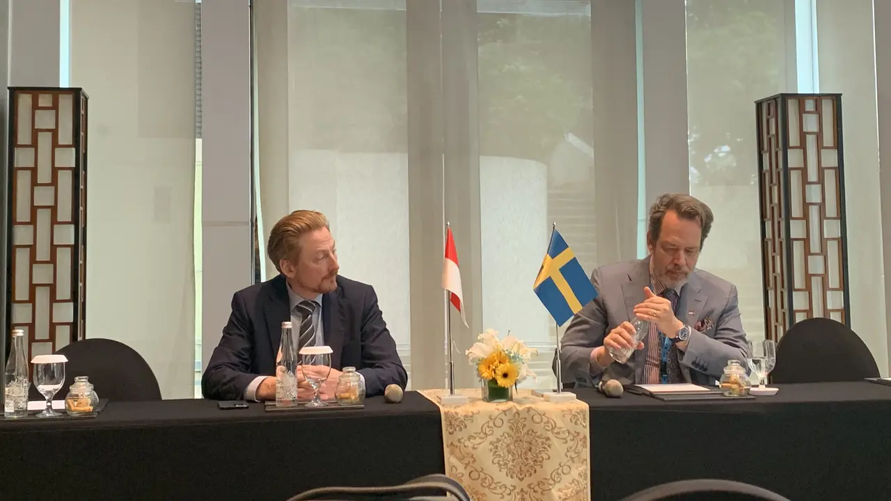 Duta Besar Swedia Daniel Blocker dalam konferensi Sweden-Indonesia Sustainability Partnership (SISP) 2023. (Tasha/Liputan6.com)