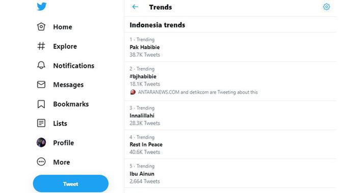 Keyword terkait kabar BJ Habibie meninggal dunia puncaki trending topic Twitter Indonesia. (Doc: Twitter)