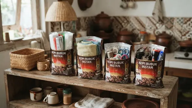 Kerajinan barang bekas jadi wadah serbaguna model kemasan kopi jadi wadah plastik