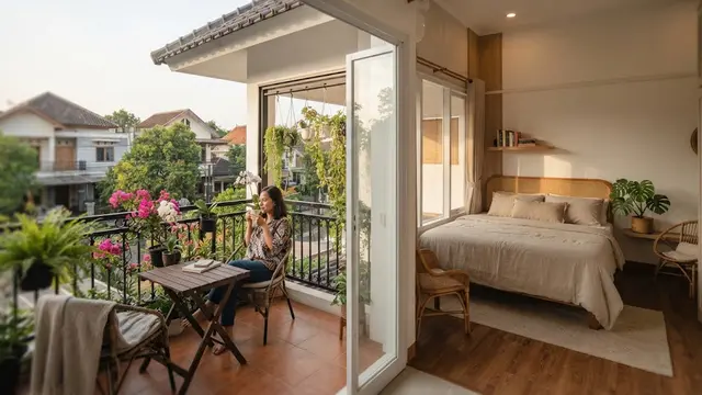 Desain rumah kecil dengan kamar di lantai atas dan cocok untuk keluarga berkarier model balkon kecil di lantai atas