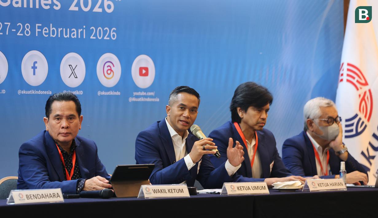 Ketua Umum Akuatik Indonesia, Anindya Bakrie, memimpin Rakernas Akuatik Indonesia di Hotel Arya Duta, Jakarta, Sabtu (28/2/2026). (Bola.com/M Iqbal Ichsan)