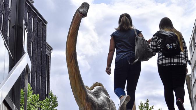 Dua wanita berjalan di depan replika dinosaurus Diplodocus seukuran aslinya di pusat kota Bochum, Jerman (12/8/2019). Jejak dinosaurus berumur 316 juta tahun ditemukan di lubang batu di kota itu enam tahun lalu di kota ini. (AP Photo/Martin Meissner)