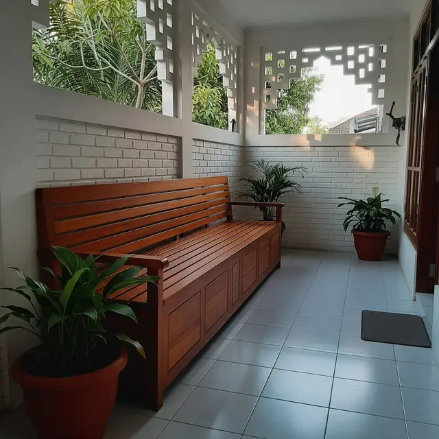 Teras Depan Rumah Sempit Budget Terbatas dengan Bangku Kayu Panjang untuk Ruang Penyimpanan