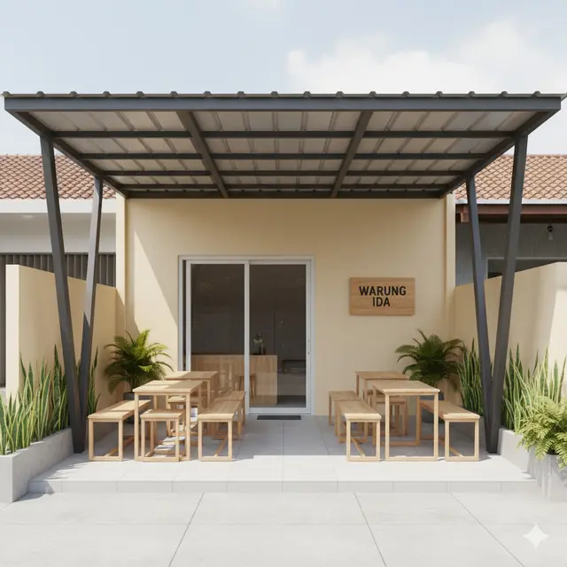 Desain Teras Rumah Kombinasi Baja Ringan Cocok untuk Warung Kecil. Gemini