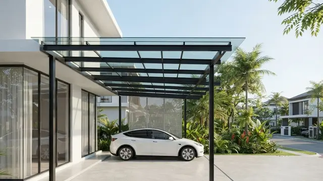 Carport Industrial dengan Atap Kaca Tempered