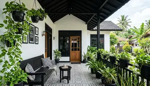 9 Inspirasi Teras Monokrom dengan Tanaman Sirih Gading dan Pot Hitam, Modern Estetik