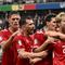 Pemain Denmark, Morten Hjulmand melakukan selebrasi bersama rekan-rekannya setelah mencetak gol penyeimbang 1-1 ke gawang Inggris pada laga Grup C Euro 2024 di Frankfurt Arena, Frankfurt, Jerman, Jumat (21/06/2024) WIB. (AFP/Angelos Tzortzinis)