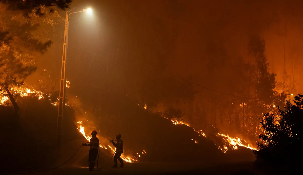 Lebih dari 800 pemadam kebakaran berusaha menjinakkan api di sana dan tiga kebakaran lainnya di distrik Aveiro. (Patricia DE MELO MOREIRA/AFP)