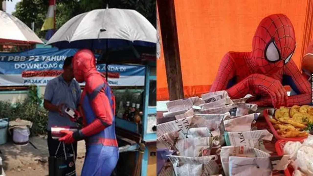6 Potret Spider-Man Jajan di Pinggir Jalan Ini Bikin Ngakak