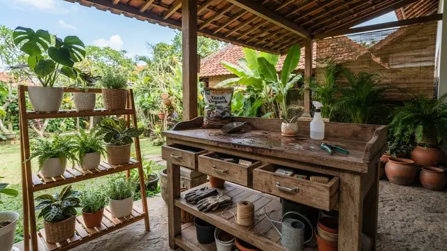 Rak Tanaman dengan Bangku Potting dan Laci
