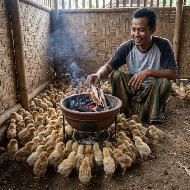 Kandang ayam dengan pemanas bara api dari arang atau kayu bakar (Gemini AI)