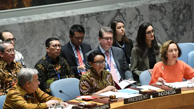 Menteri Luar Negeri Republik Indonesia, Retno Marsudi, memimoin rapat di Majelis Umum DK PBB pada Selasa, 7 Mei 2019 (Kemlu RI)