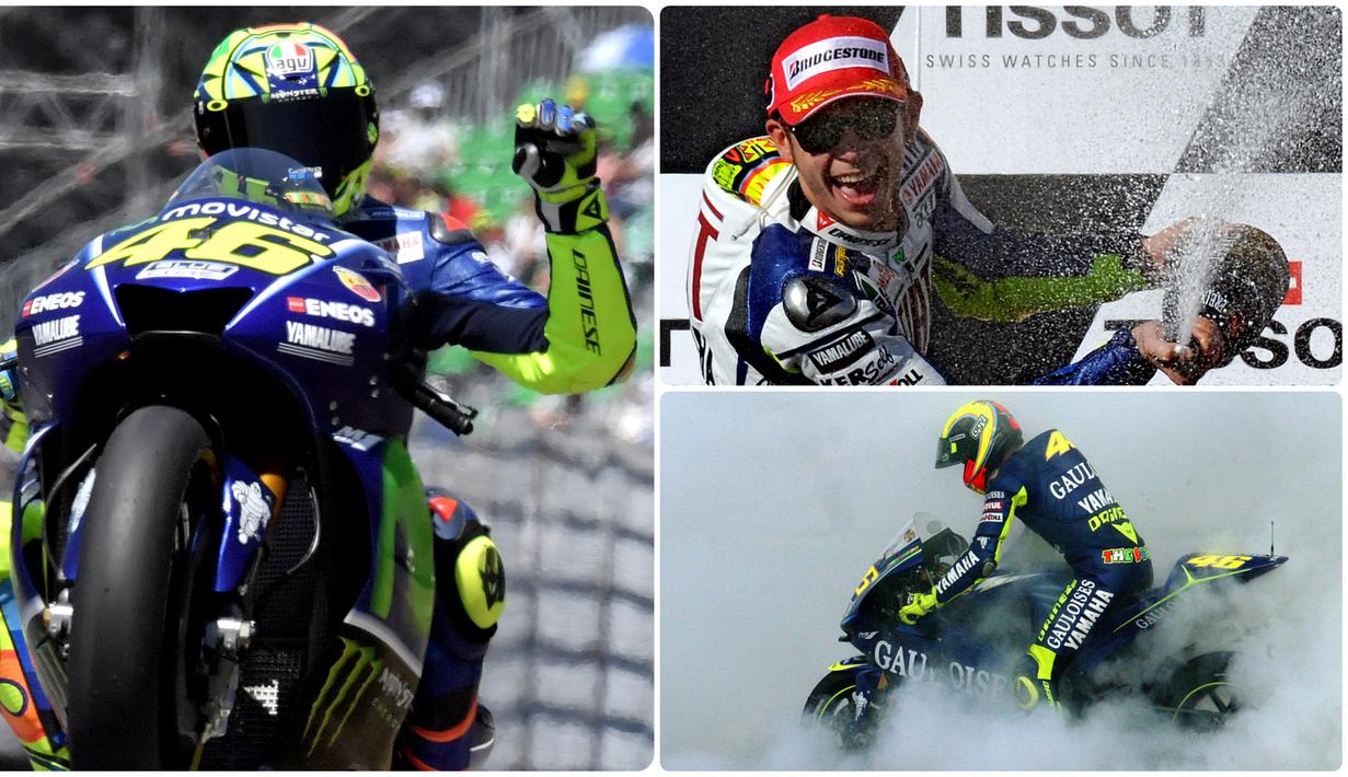 Pebalap Italia, Valentino Rossi, selalu menjadi magnet besar di ajang MotoGP, namun kini kariernya mulai memudar. Berikut gaya selebrasi Rossi ketika menjuarai MotoGP. (Kolase foto AFP)