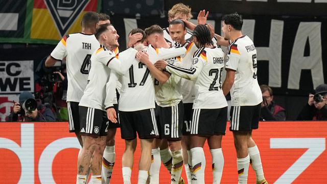 Selebrasi Timnas Jerman usai menjebol gawang Timnas Slovakia di Grup A Kualifikasi Piala Dunia 2026 zona Eropa, Selasa (18/11/2025) dini hari WIB. (AP Photo/Matthias Schrader)