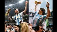 Foto kombo mega bintang Argentina, Lionel Messi (kiri) melakukan selebrasi dengan memegang trofi setelah menjuarai Piala Dunia 2022. Selebrasi yang dilakukan Messi sama persis dengan yang dilakukan oleh Diego Maradona di Piala Dunia 1986 (kanan). (AFP/Anne-Christine Poujoulat )