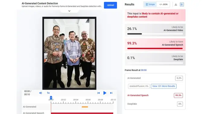 Video klaim Jusuf Kalla mendukung program bantuan dana pensiunan menunjukkan hasil AI. (Foto: tangkapan layar Hive Moderation)