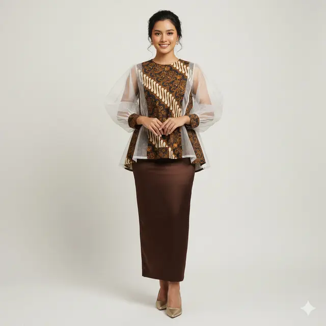 Model Blouse Batik Kombinasi Organza Lengan Bishop untuk Pesta Keluarga. Gemini