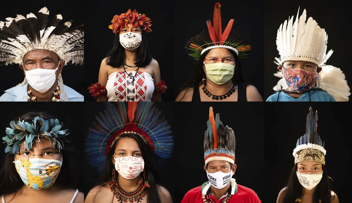 Kombinasi foto dari tanggal 27 Mei hingga 1 Juni 2020 menunjukkan orang-orang pribumi mengenakan masker dan pakaian tradisional suku mereka selama pandemi virus corona COVID-19 di Manaus, Brasil. (AP Photo/Felipe Dana)