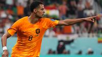 Pemain Timnas Belanda, Cody Gakpo melakukan selebrasi usai mencetak gol pertama ke gawang Timnas Senegal dalam laga matchday pertama Grup A Piala Dunia 2022 di Al Thumama Stadium, Doha, Qatar, Senin (21/11/2022) malam WIB. (AP/Petr David Josek)