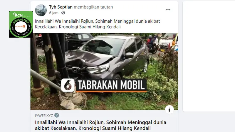 Cek Fakta Liputan6.com menelusuri informasi tautan artikel Sohimah meninggal dunia akibat kecelakaan