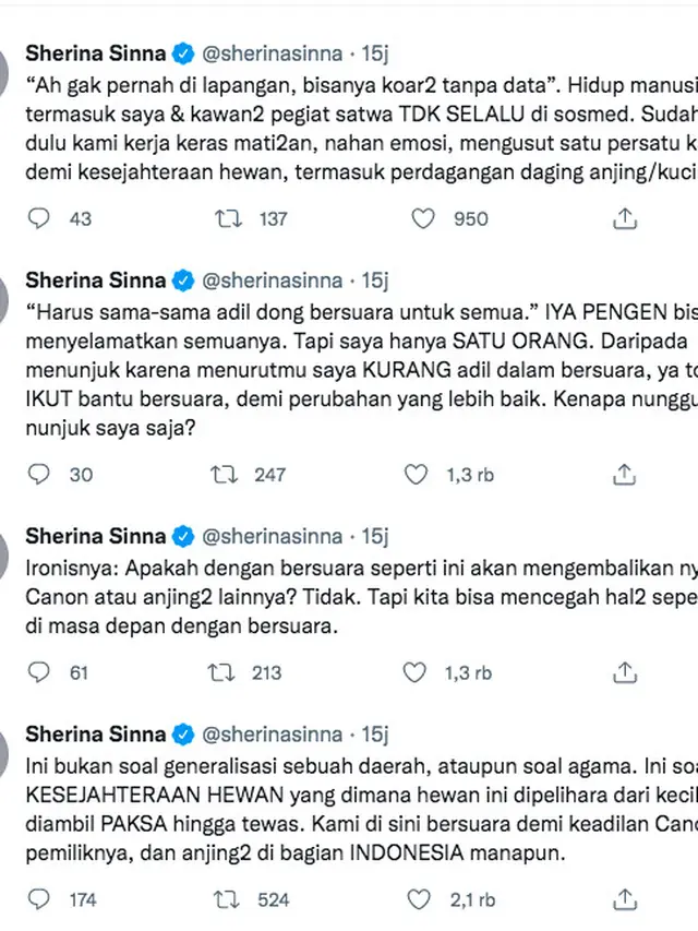Sherina Munaf Trending Usai Soroti Kasus Penyiksaan Anjing di Aceh. (twitter.com/sherinasinna)