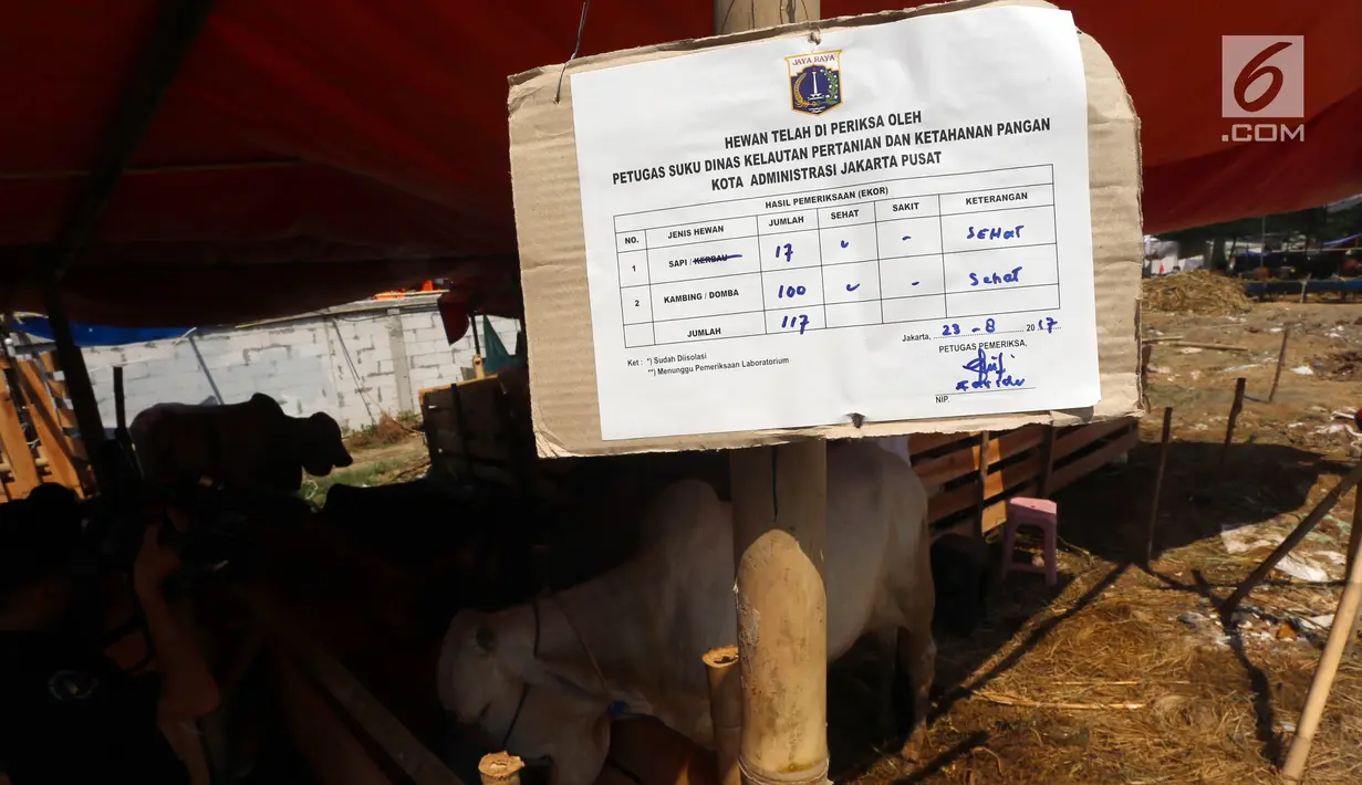 Papan pengencekan kesehatan yang terpampang di dekat kandang hewan kurban, Jakarta, Jumat (24/8). Kambing dan sapi yang di jual di periksa untuk memastikan kesehatan dan kelayakan untuk dijadikan hewan kurban. (Liputan6.com/Johan Tallo)