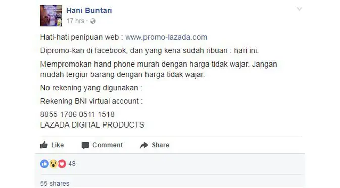 Seorang pengguna Facebook, memberitahu teman-temannya tentang penipuan website Lazada palsu (Foto: Ist)