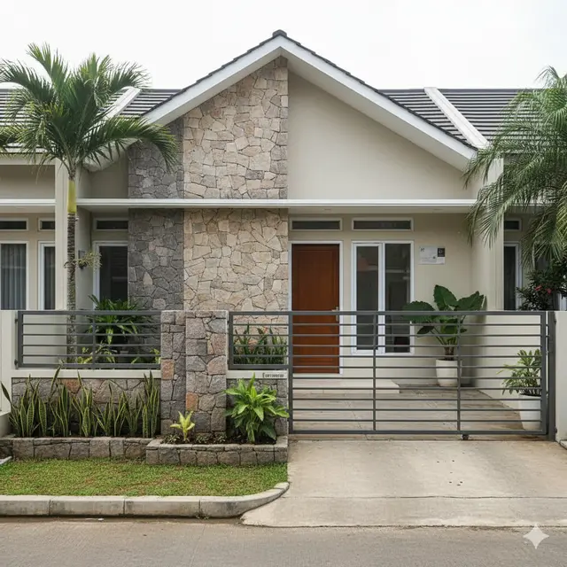 Gambar Rumah Minimalis Batu Alam dan Pagar Besi