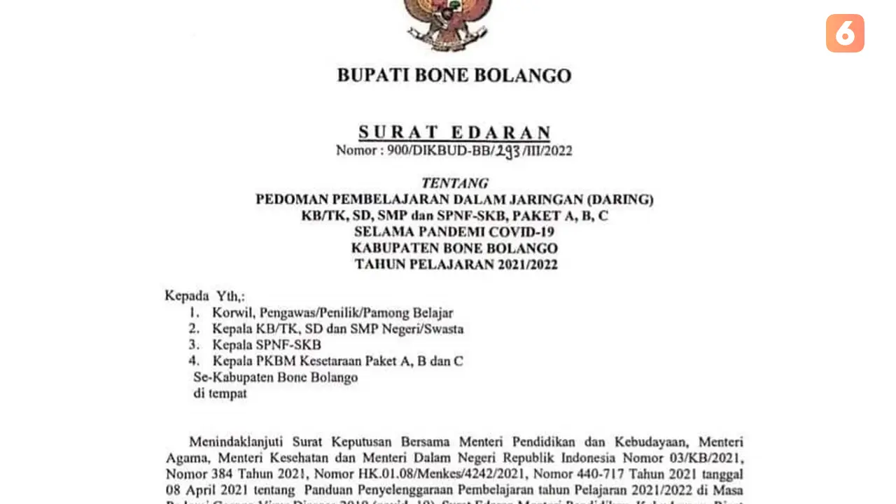 Edaran Bupati Bone Bolango (Bonebol) soal pembelajaran daring (Arfandi Ibrahim/Liputan6.com)