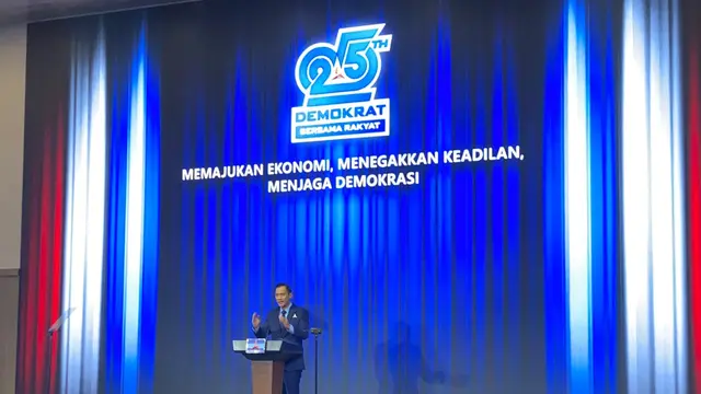 AHY pidato politik HUT ke-25 Partai Demokrat. (liputan6.com/Rfqy alief Abbiya).