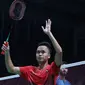 Tunggal putra Indonesia, Anthony Sinisuka Ginting usai melawan pemain India, Srikanth Nammaiwar Kidambi pada perempat final Bulutangkis Beregu Putra Asian Games 2018 di Jakarta, Senin (20/8). (Liputan6.com/Helmi Fithriansyah)