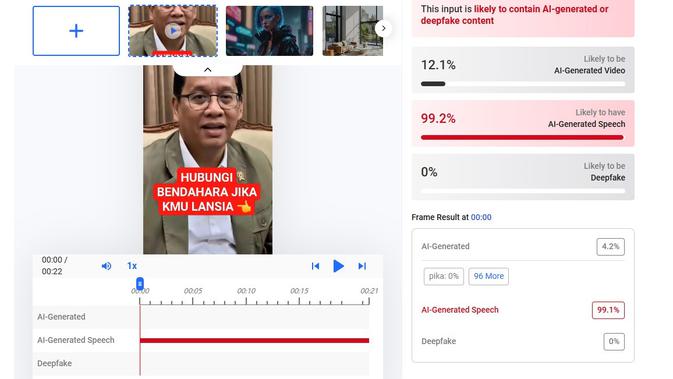 Video dan audio klaim Menkeu Purbaya mengumumkan bantuan untuk lansia menunjukkan hasil AI. (Foto: tangkapan layar Hive Moderation)