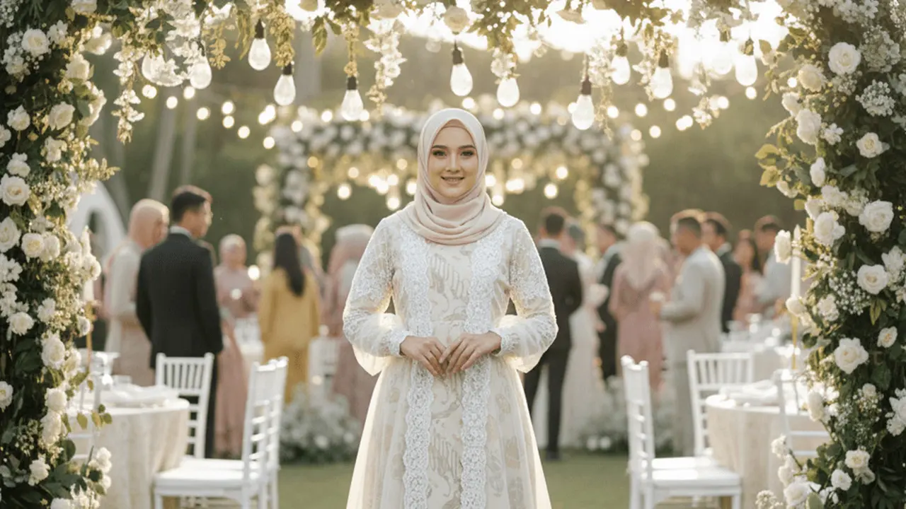 Gamis Batik Kombinasi Tule Brokat Warna Soft untuk Acara Akad. Gemini