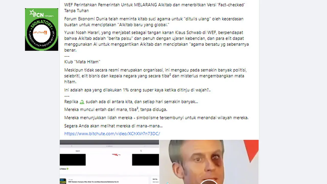 Tengkapan layar klaim WEF perintahkan Alkitab ditulis ulang menggunakan AI