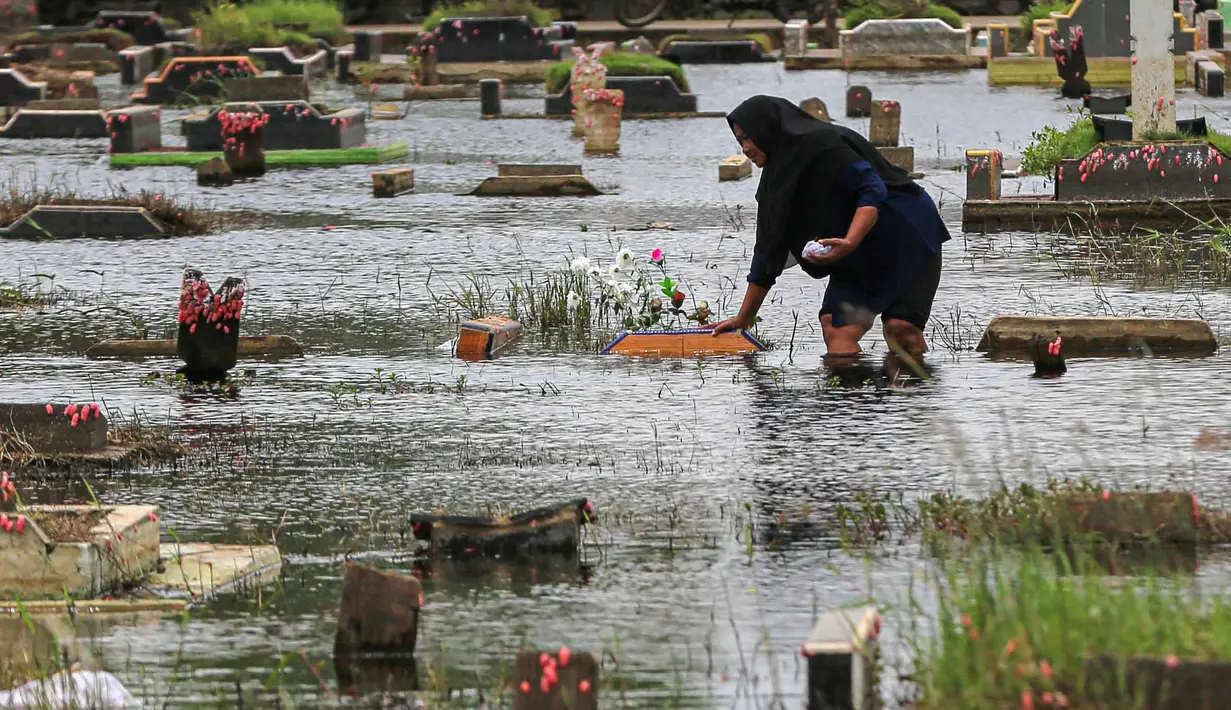 Seorang wanita mengunjungi makam anggota keluarganya di Tempat Pemakaman Umum (TPU) Semper, Cilincing, Jakarta Utara pada 15 Februari 2026. Meski terkendala genangan air, tradisi ziarah dan bersih makam menjelang Ramadan di Tempat Pemakaman Umum Semper, Cilincing, Jakarta Utara, tetap berlangsung khidmat. (Syinatria RESPATI/AFP)