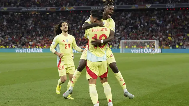 Selebrasi Martin Zubimendi usai mencetak gol di laga Portugal vs Spanyol di final UEFA Nations League, Senin (09/06/2025) dini hari WIB. (AP/Martin Meissner)